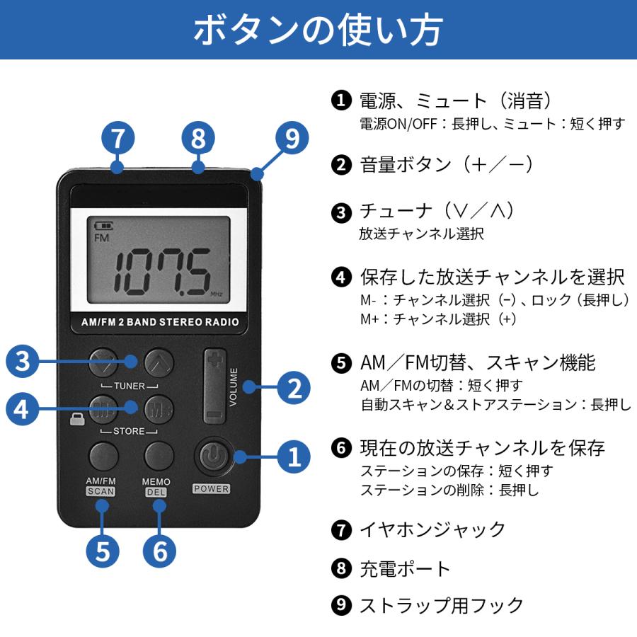 ラジオ 小型 携帯ラジオ ポケットラジオ 防災ラジオ ポータブルラジオ FMラジオ 充電式 ワイドFM対応｜gloriosa｜08