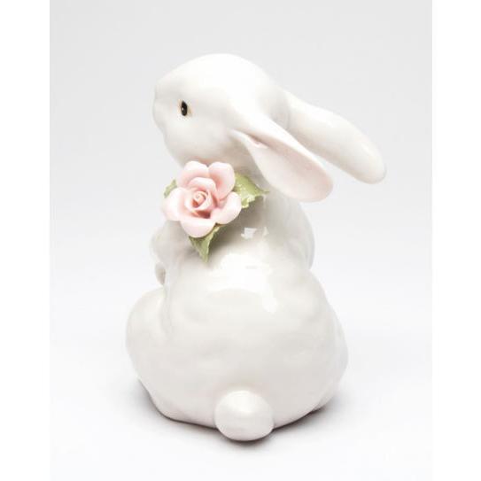 ホワイトバニー置物 立ちポーズ 白うさぎ w/ピンクローズ バラ