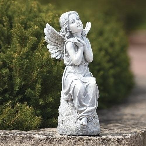 ガーデン天使置物 岩の上に座り大空を見上げるエンジェル