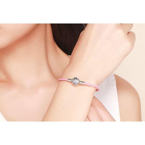 ブレスレット 編み込みレザー風 ピンク 925スターリングシルバ