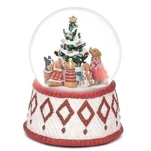 レトロ テレビ型オルゴール 犬とクリスマスツリー スノードーム ツリーを囲む犬たち ワンちゃん達とクリスマスツリー