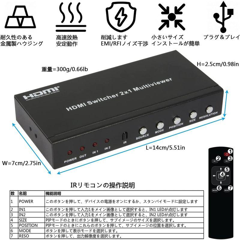 BUNGPUNG HDMI 画面分割切替器 2入力1出力 1080P@60Hz 2画面分割 表示切替器 複数の画面分割モード 全画面モードの HDMI 画面分割切替器 2入力1出力 1080P@60Hz 2画面分割 表示切替器 複数の画面分割モード 全画面モードの