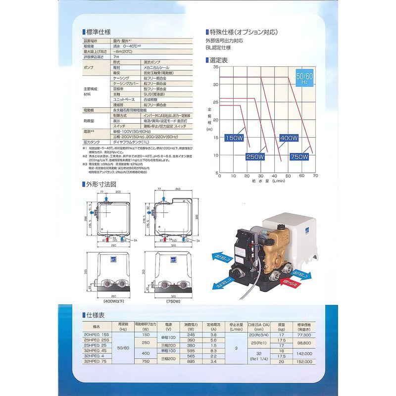 ポンプ　荏原製作所　浅井戸用ポンプ　PMモータ採用で高効率　インバータ　60Hz兼用　50　接続口径32　32HPE0.4S　エバラフレッシャ?ミニ