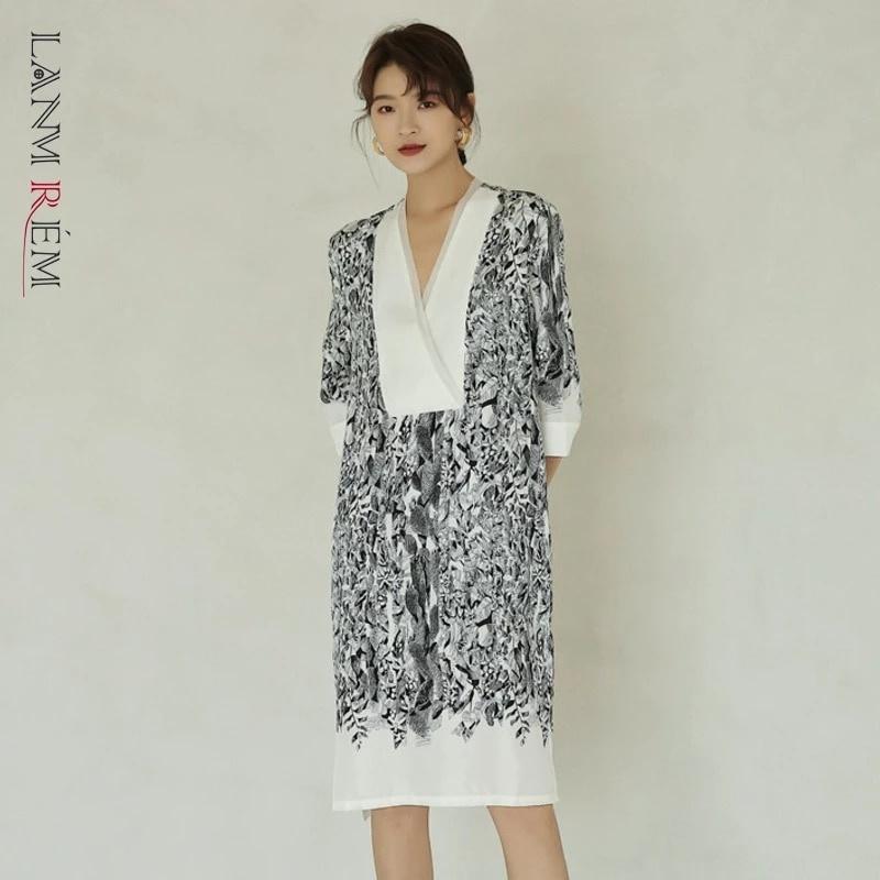 ファストファッション通販サイト 海外輸入アパレル Lanmrem21夏新しいルーズvカラーヴィンテージプリントドレスfamaleハイストリートルーズオールマッチ服vestidos 本日セール Www Superavila Com