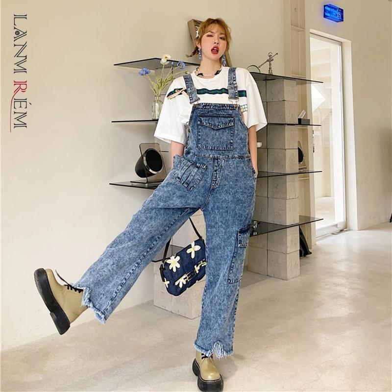 日本国産 海外輸入アパレル Lanmremハイウエストブルーバーデニムボタンポケットロングオーバーオールニューフィットパンツレディースファッション タイド春夏 ギャラあり Www Superavila Com