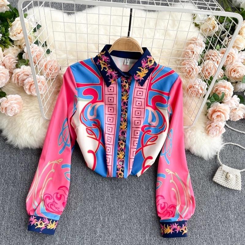 どこで 買える 海外輸入アパレル 21年新しいヨーロッパ系アメリカ人レトロファッションブラウス女性プリントシャツボタン付きblusaスモールスタンドアップカラーシ 販売認定店 Gangwal Me