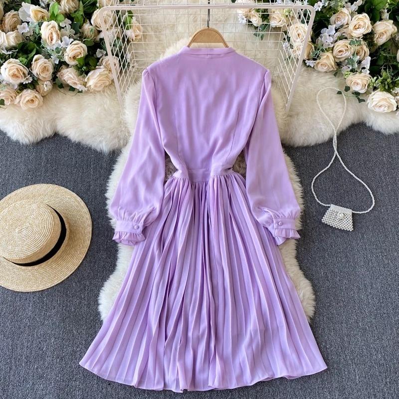 純正クーポン 海外輸入アパレル 春ヨーロッパアメリカンレトロファッションvestidosレディースレースvネックパフスリーブレースプリーツスリムミディドレスc512 割引特価 Www Superavila Com