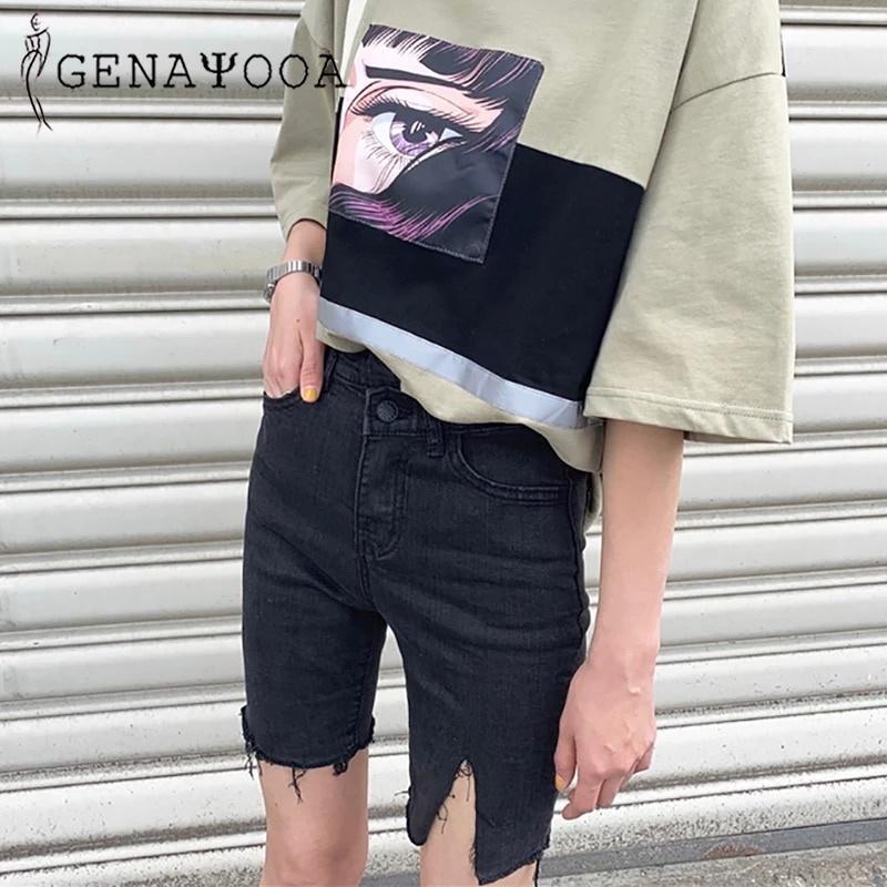 直販卸し売り 海外輸入アパレル 高品質コットンスパンデックスデニムショーツ女性 膝丈ブラックイレギュラーハイウエストショーツフェミニノバイカーショーツ19年夏 H アウトレットオンライン Www Superavila Com
