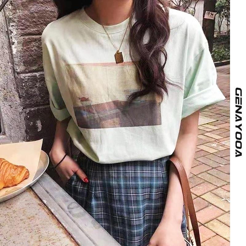 公式正規品 海外輸入アパレル Genayooaプリントtシャツ婦人服oネックサマー半袖tシャツファム韓国風レディースtシャツ21ヴィンテージ原宿 Genayo 買い割引品 Www Superavila Com