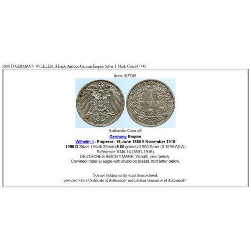 1906年 D ドイツ ヴィルヘルム2世 鷲 アンティーク ドイツ帝国 銀貨 1