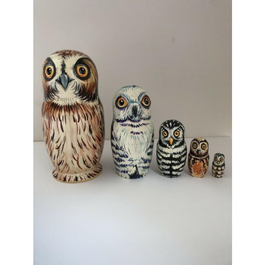 OWL Nesting Dolls Russian Hand Carved Hand Painted 5 Piece Matryoshka Doll Set 4 H 