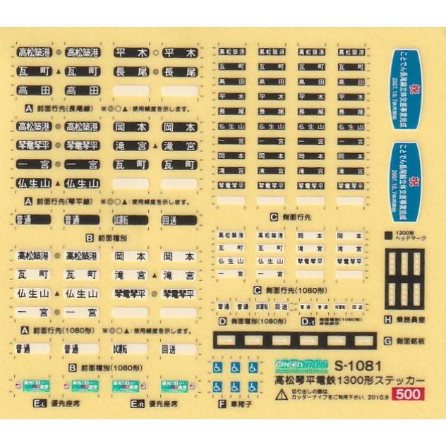 グリーンマックス S-1081 高松琴平電鉄1300形 ステッカー : グリーン