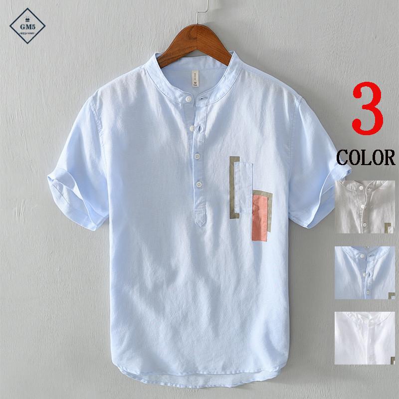 バンドカラー リネン 半袖 シャツ メンズ 綿麻 涼し 半袖シャツ スタンドカラー サマー 白シャツ 麻シャツ リネンシャツ ブルー Lgm1 Gm5 通販 Yahoo ショッピング