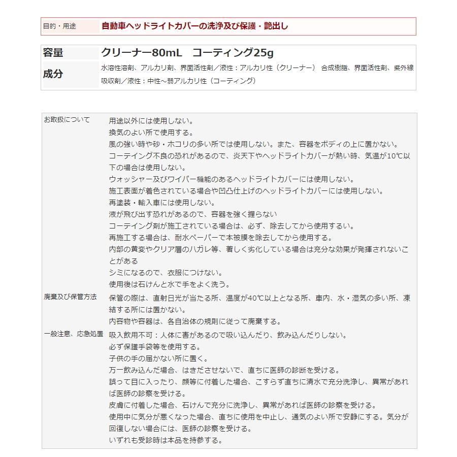 車用　ウルトラハードクリーナー＆コーティング　ヘッドライトカバー用　プロフェッショナル　耐久性2年　黄ばみ、くすみを除去　ヘッドライト用 |  | 04