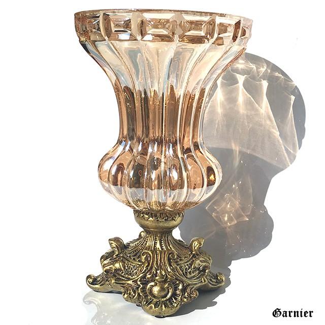 ロココ調アンティークピンクゴールド花瓶置物　送料無料 アンティーク 花瓶 フラワーベース ガラス クリスタル バロック
