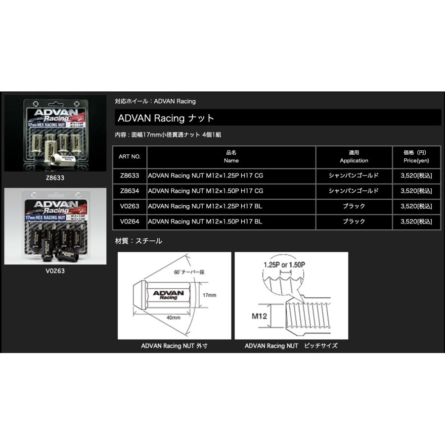 ADVAN 【ADVAN Racing】 ナット 17HEX【4個1組】○ブラック ○全長40mm