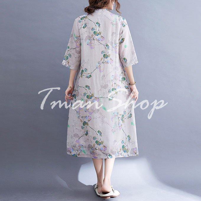 熱販売 レトロ ロング丈 チャイナ風 チャイナドレス 着痩せ 体型カバー ゆったり マキシワンピース 立ち襟 5分袖 総柄 レディース ワンピース 斜めボタン 夏 薄手 ワンピース サイズ M Chauffagevanbrabant Be