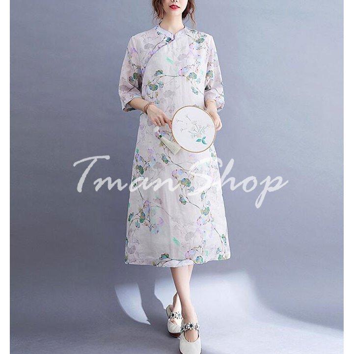 熱販売 レトロ ロング丈 チャイナ風 チャイナドレス 着痩せ 体型カバー ゆったり マキシワンピース 立ち襟 5分袖 総柄 レディース ワンピース 斜めボタン 夏 薄手 ワンピース サイズ M Chauffagevanbrabant Be