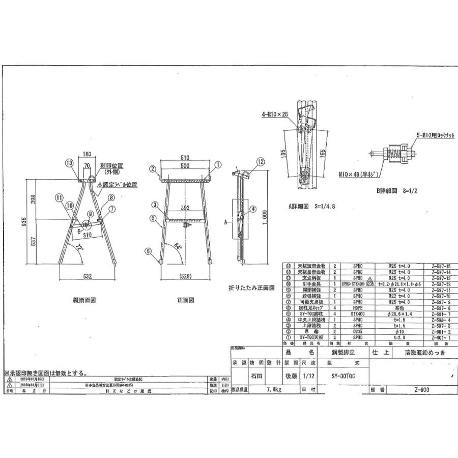 脚立 認定 安心 仮設工業会認定商品 送料無料 パイプ脚立 900 TQC 3尺