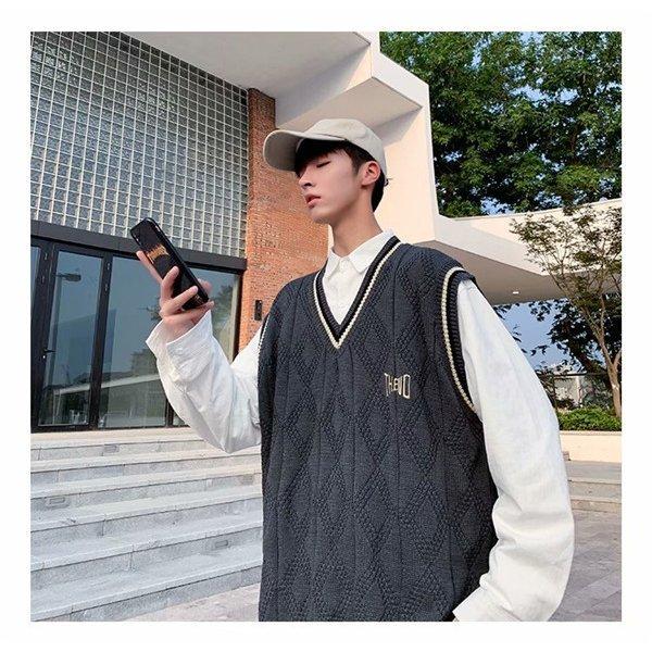 22高い素材 ベスト ジレ 新作 シンプル ファッション ニットベスト メンズ 春秋 チョッキ トップス カジュアル カレッジスタイル Vネック ビッグシルエット ゆったり 重ね着 コーデ 通学 制服 学院風 Ism Com Ge