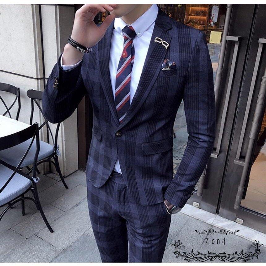 メンズスーツ チェック柄 3点セット 代30代40代 Ol ジャケット 九分丈パンツ スリム フォーマル 一つボタン 大きいサイズ 春夏秋 着痩せ 結婚式 長袖 高品質 選択 3点セット