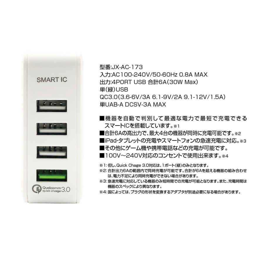 ACアダプター 4ポート USB 充電器 チャージャー PSE認証 USB充電器 6.0A 4口 コンセント Quick Charge 3.0 電源タップ  同時充電 アダプター jiang jiang-ac03 | jiang | 12