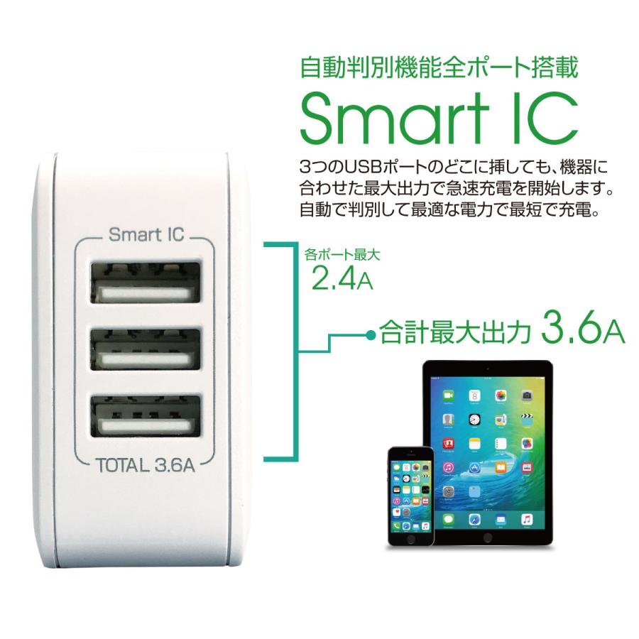 ACアダプタ 3ポート USB 充電器 チャージャー PSE認証 3.6A 3口 コンセント 電源タップ 軽量 同時充電 アダプター USBアダプタ スマホ充電器 jiang-ac04｜gochumon｜05