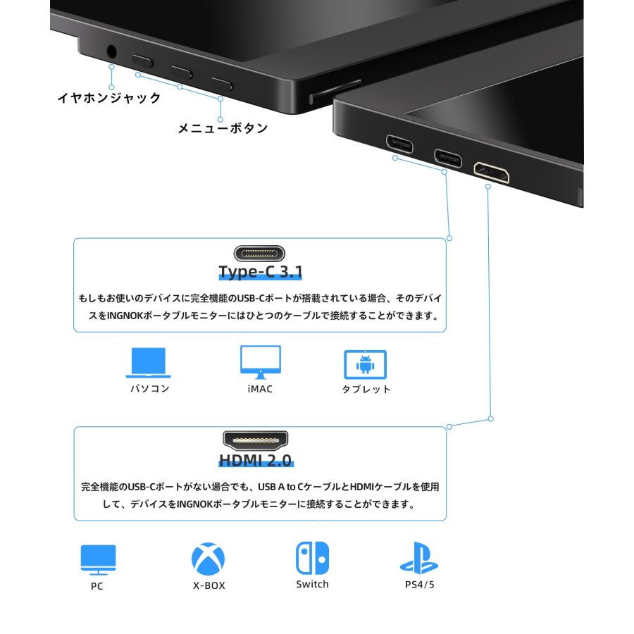 Ingnok モバイルモニター 15.6インチ モバイルディスプレイ FHD 非光沢 A+スクリーン IPS液晶パネル USBTypeC