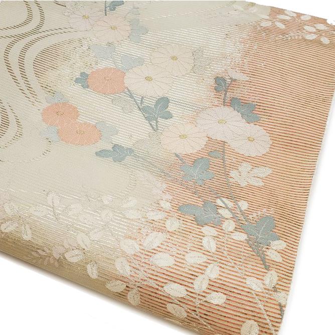 特別価格品 夏帯 九寸 絽名古屋帯 （ 正絹 ） 「引箔ぼかし 流水秋草 
