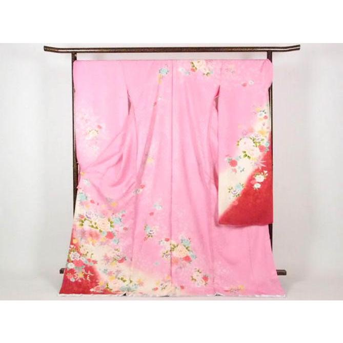 正絹 逸品振袖フルセット ピンク地 に花柄 フルオーダー別誂え仕立振袖  