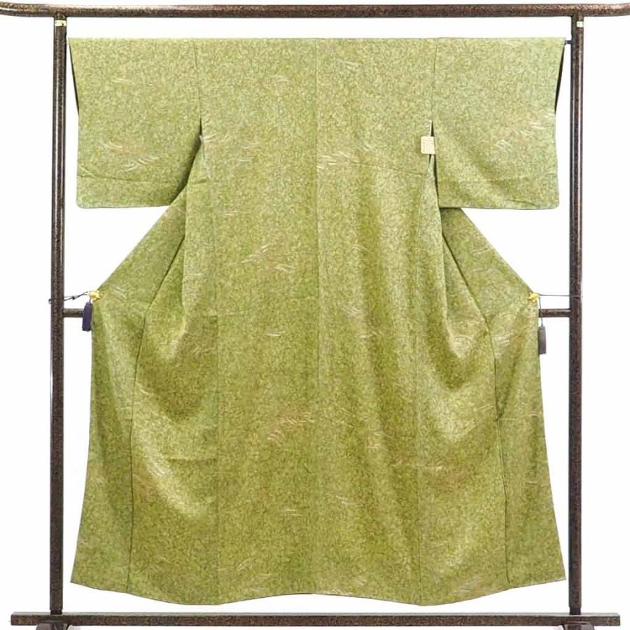 小紋 リサイクル着物 身丈155cm 裄66cm 前幅25cm 後幅30cm 袖丈47cm レディース 袷 波頭 裄長 裄M-Lサイズ 秋冬春用 正絹（シルク）緑地 美品
