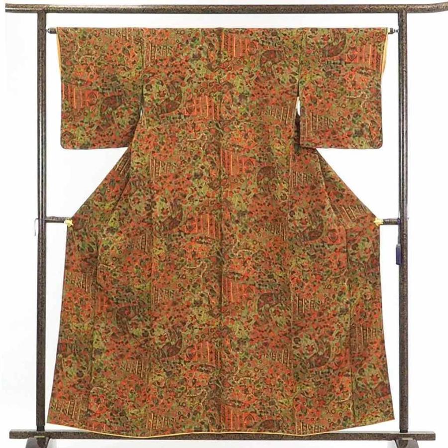 小紋 リサイクル着物 身丈160cm 裄64cm 前幅24cm 後幅30cm 袖丈48cm レディース 袷 裄Mサイズ 秋冬春用 正絹（シルク）茶色 未使用品