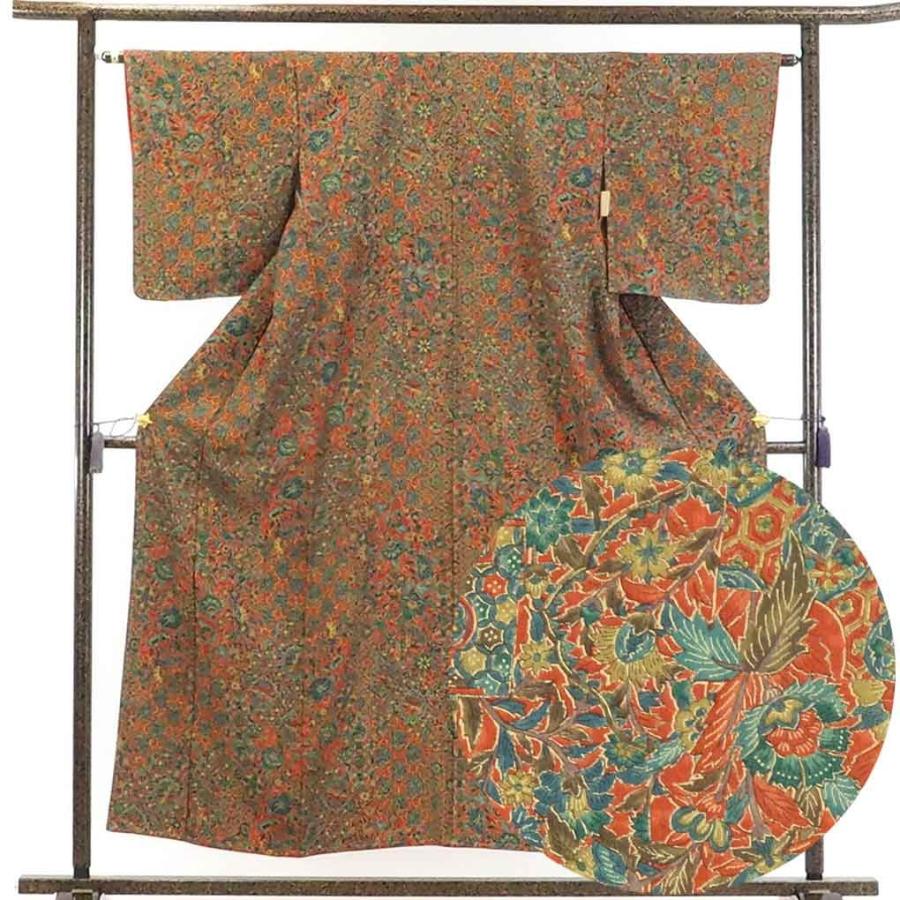 ギフト リサイクル 正絹 朱赤地更紗模様 袷 小紋着物 未使用品 小紋 Floridapace Gov