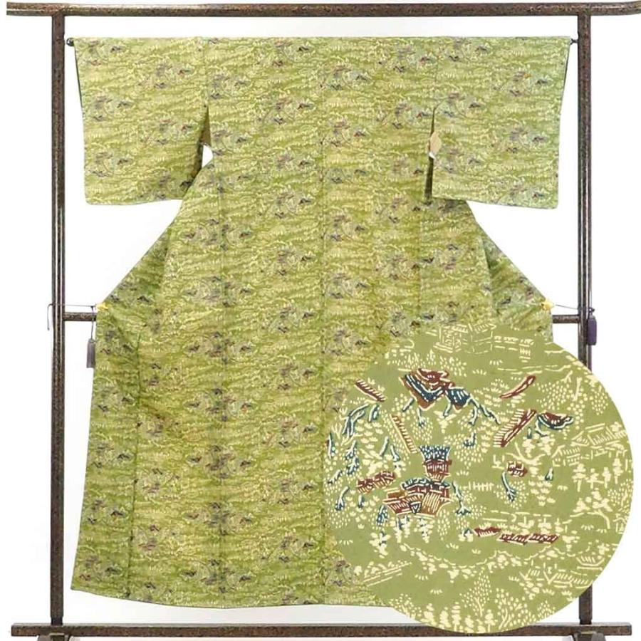 小紋 リサイクル着物 身丈155cm 裄65cm 前幅25cm 後幅30cm 袖丈47cm レディース 袷 裄Mサイズ 秋冬春用 正絹（シルク）緑地 未使用品