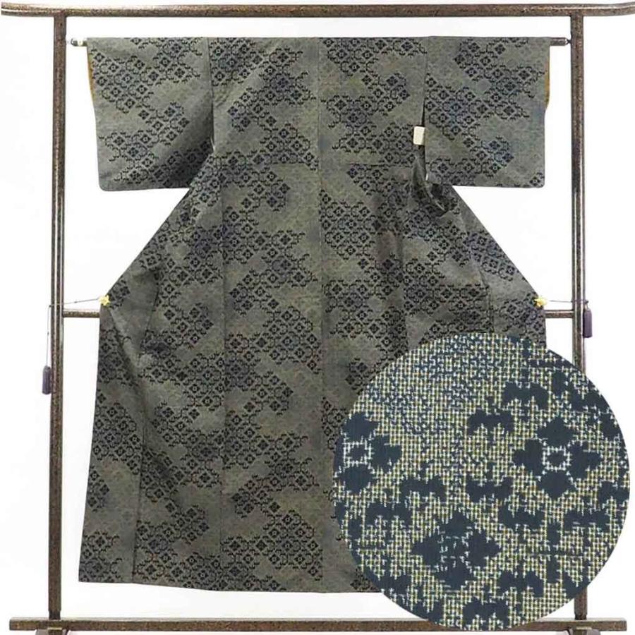 紬 身丈154cm 裄丈62cm 正絹 名品 【中古】 中古） 単衣紬 濃グレー カジュアル 織り 遠州椿 ひとえ SS【身丈
