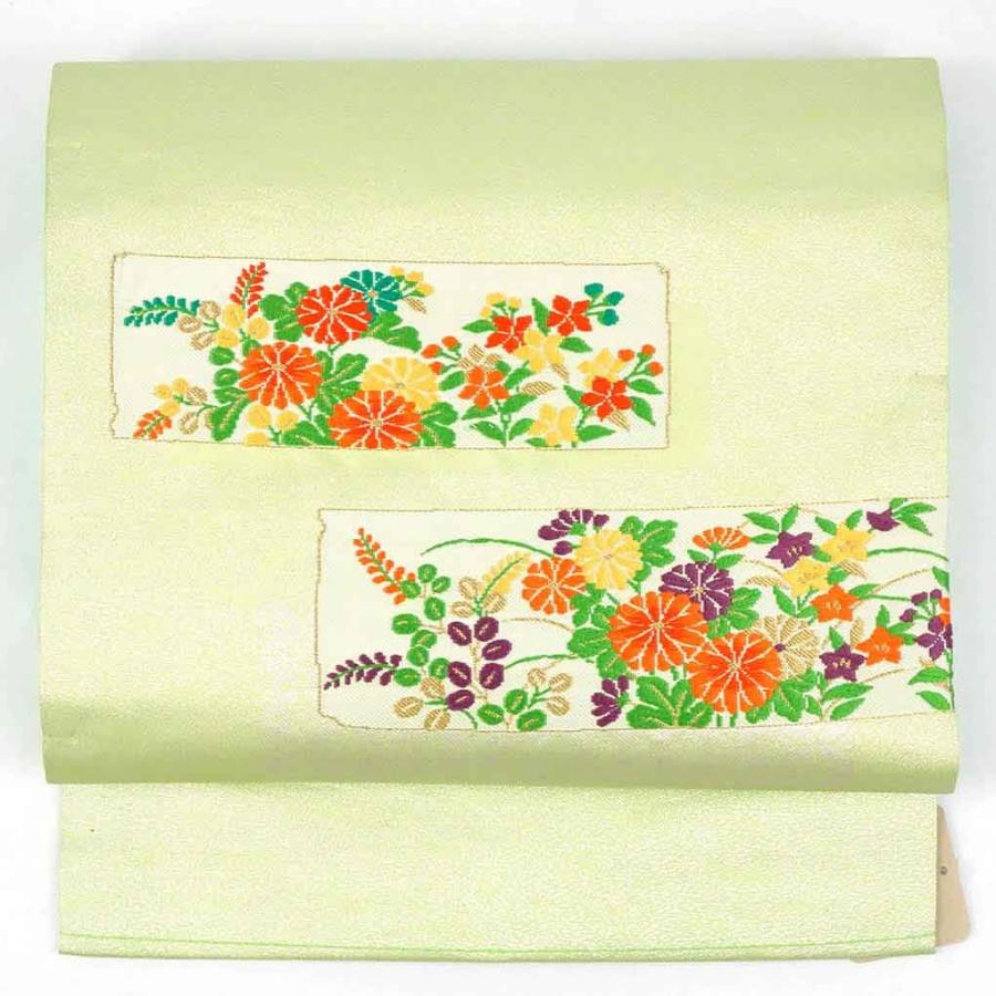 名古屋帯 リサイクル着物 幅31cm 長さ360cm レディース 秋冬春用 正絹（シルク）緑地 美品