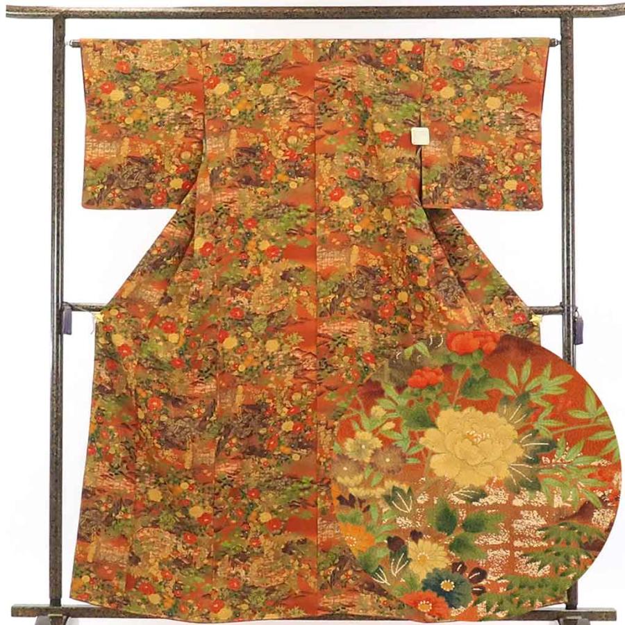 紬 身丈162cm 裄64cm レディース 袷 花柄 裄Mサイズ 秋冬春用 正絹 