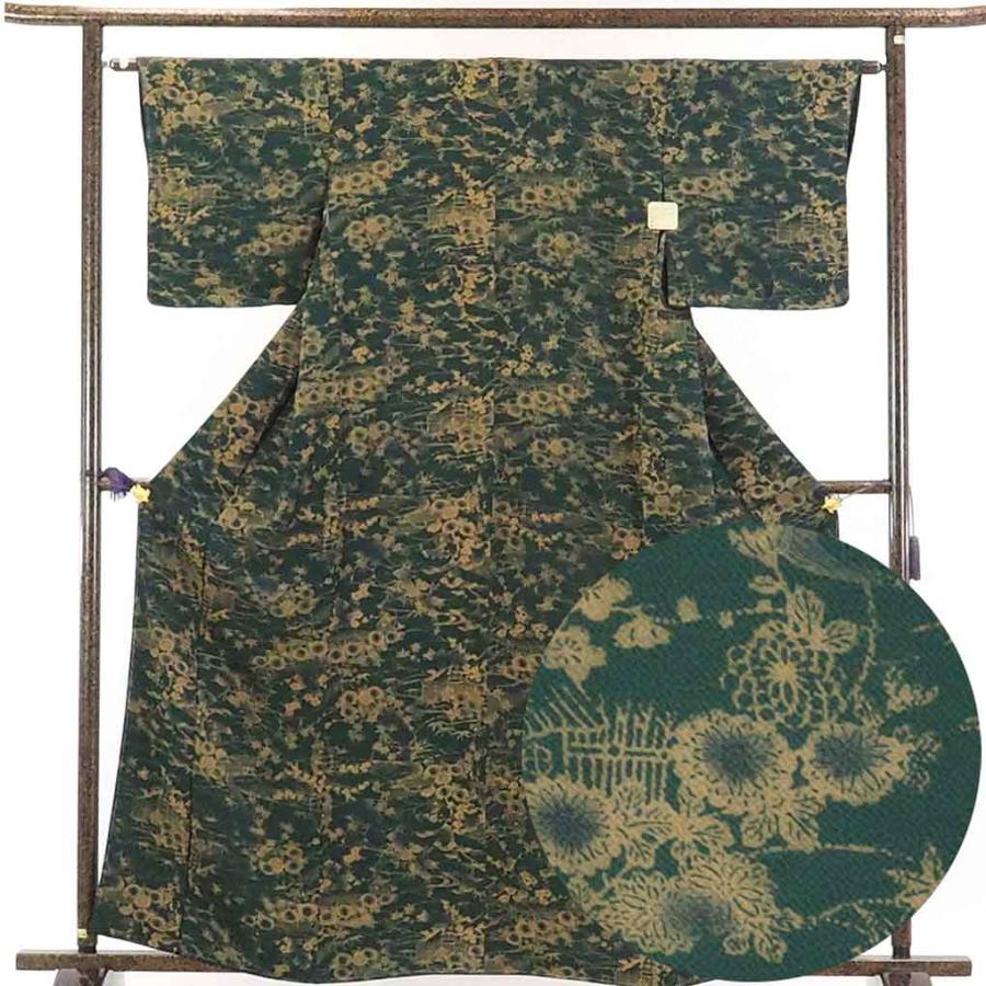 小紋 リサイクル着物 身丈163cm 裄62cm 前幅25cm 後幅29cm 袖丈45cm レディース 袷 花柄 裄Sサイズ 秋冬春用 正絹（シルク）緑地 未使用品