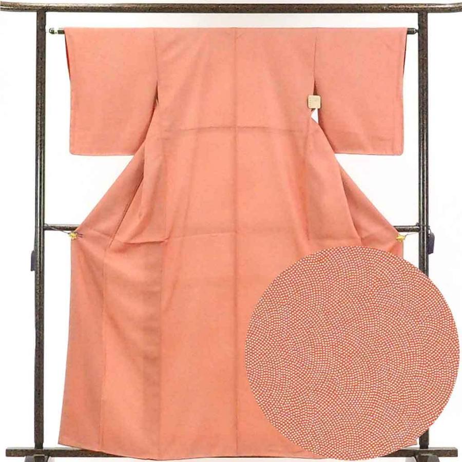 小紋 リサイクル着物 身丈163cm 裄62cm 前幅23cm 後幅28cm 袖丈49cm レディース 袷 鮫小紋 裄Sサイズ 秋冬春用 正絹（シルク）オレンジ地 未使用品