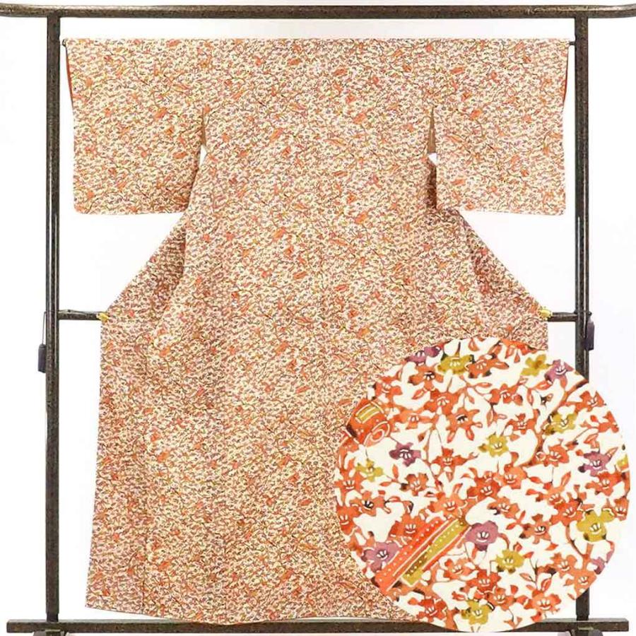 小紋 リサイクル着物 身丈160cm 裄66cm 前幅23cm 後幅28cm 袖丈49cm レディース 袷 裄長 裄M-Lサイズ 秋冬春用 正絹（シルク）白地 未使用品