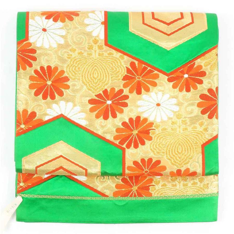 SALE／69%OFF】 リサイクル帯 正絹 グリーン地 亀甲柄六通 袋帯 zppsu