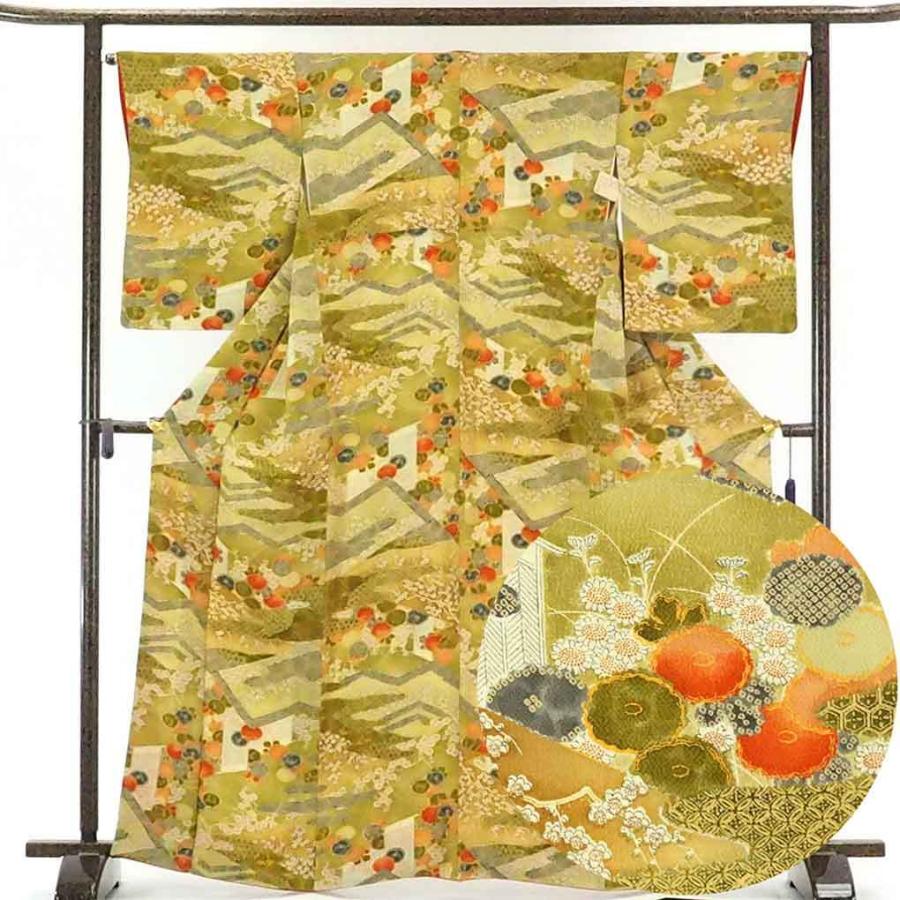 小紋 リサイクル着物 身丈167cm 裄66cm 前幅24cm 後幅29cm 袖丈56cm レディース 袷 花柄 裄長 裄M-Lサイズ 秋冬春用 正絹（シルク）緑地 トールサイズ 美品