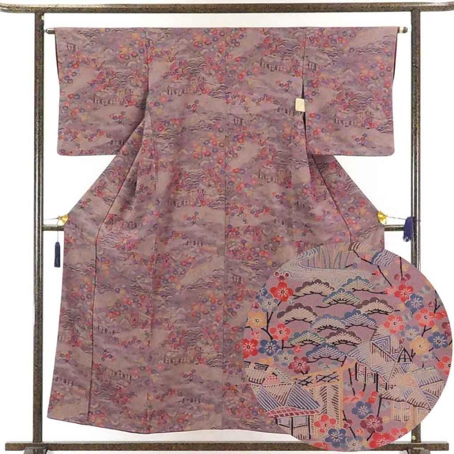 小紋 身丈154cm 裄63cm レディース 袷 花柄 裄Mサイズ 秋冬春用 正絹 