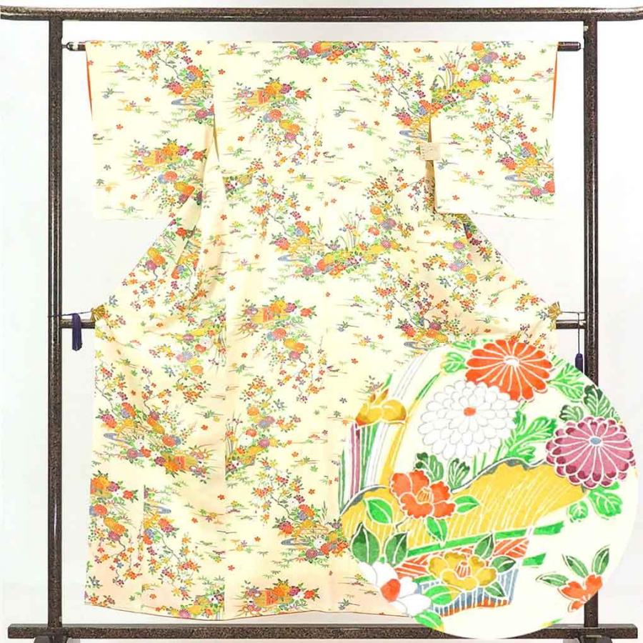小紋 リサイクル着物 身丈156cm 裄62cm 前幅22.5cm 後幅28cm 袖丈48cm レディース 袷 花柄 裄Sサイズ 秋冬春用 正絹（シルク）黄色地 未使用品