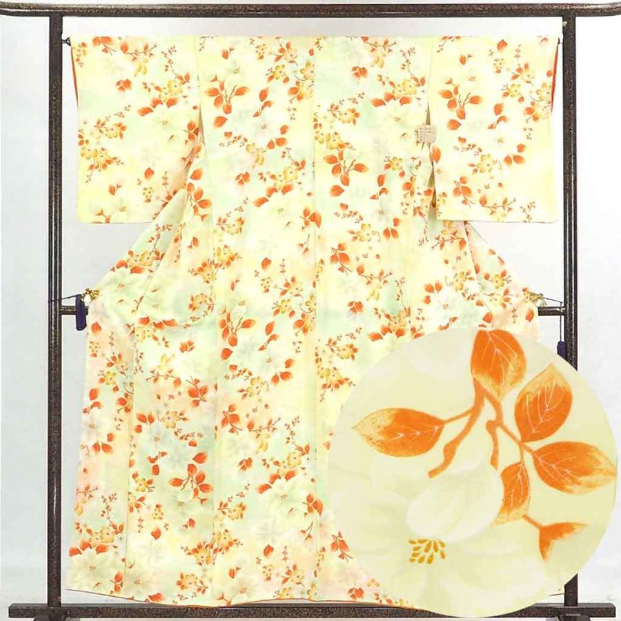 小紋 リサイクル着物 身丈158cm 裄66cm 前幅25cm 後幅30cm 袖丈52cm レディース 袷 花柄 裄長 裄M-Lサイズ 秋冬春用 正絹（シルク）黄色地 美品