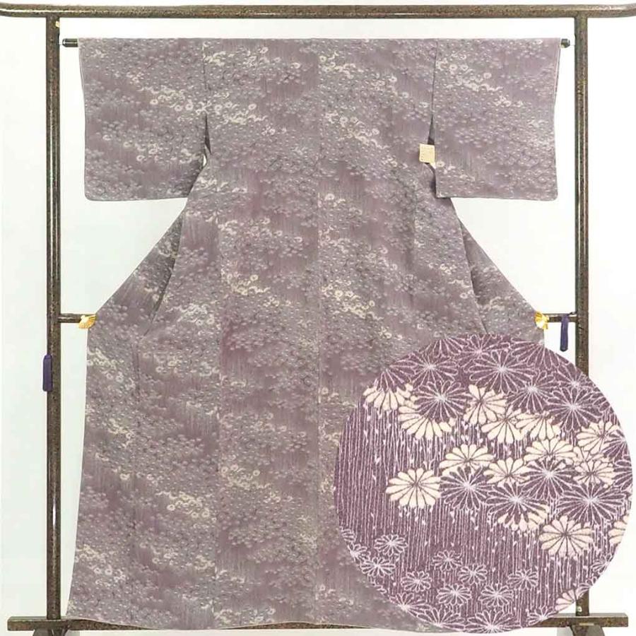 小紋 身丈160cm 裄64cm 前幅23cm 後幅30cm 袖丈45cm レディース 袷 菊 裄Mサイズ 秋冬春用 正絹（シルク）紫地 美品 ...