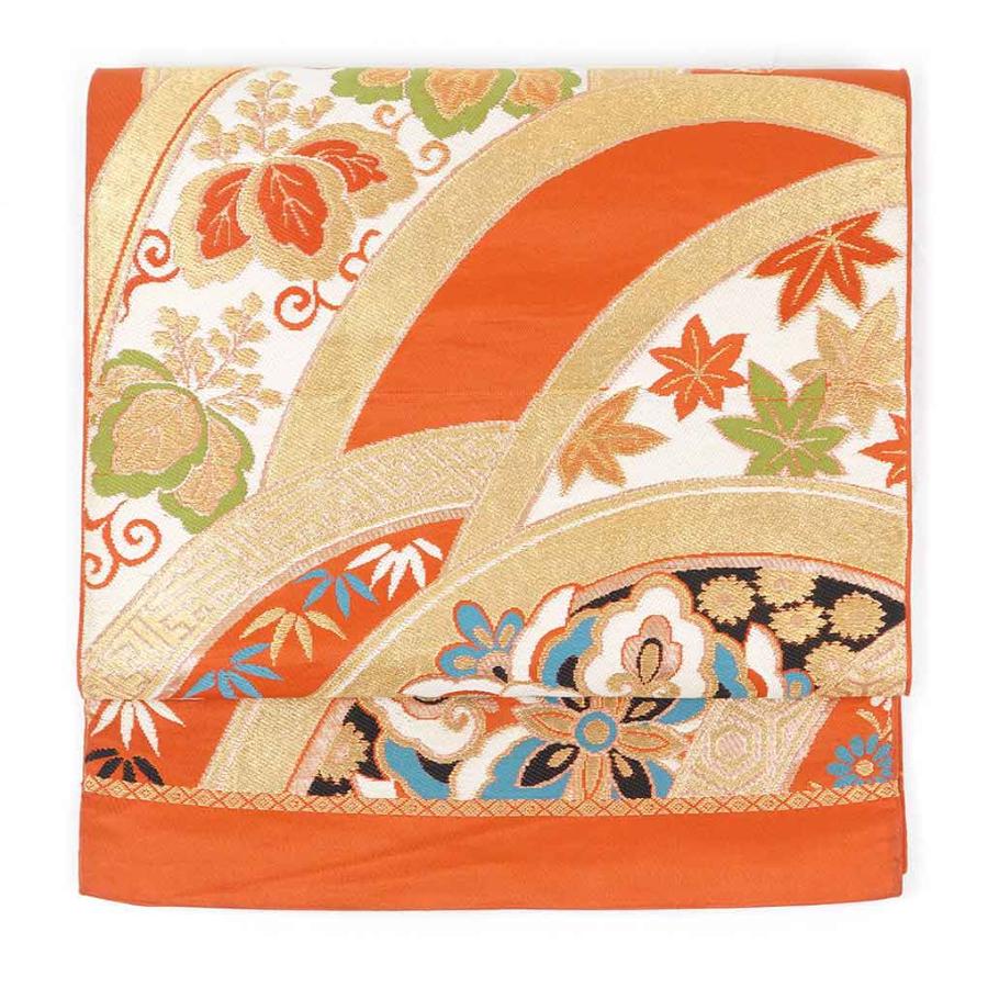 オレンジ 花柄 袋帯