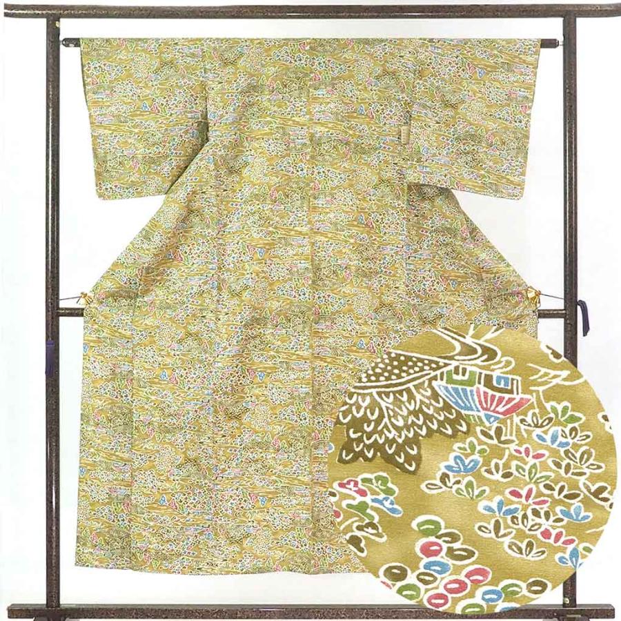 紬 身丈152cm 裄62cm レディース 単衣 風景画 裄Sサイズ 初夏・初秋用
