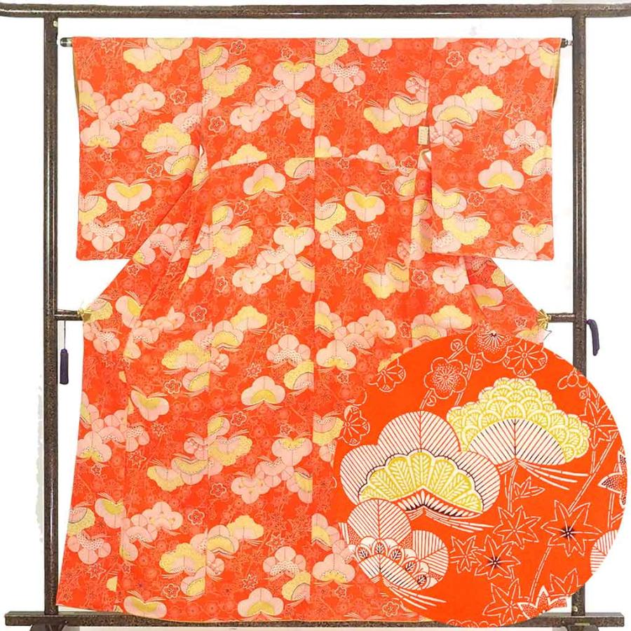 小紋 身丈160cm 裄64cm レディース 袷 松 裄Mサイズ 秋冬春用 正絹 