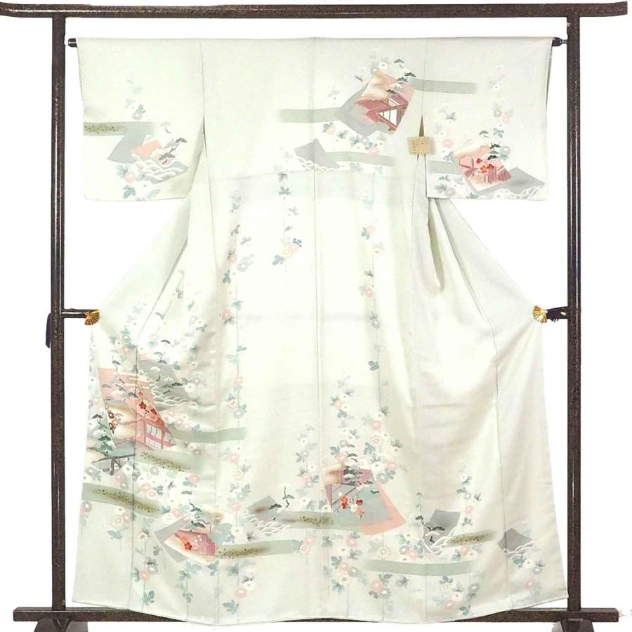 ◇美品　SーM寸　訪問着◇　裄64　身丈149　薄いグリーン　花模様　袷 訪問着 身丈159cm 裄64cm レディース 袷 花柄 裄Mサイズ 秋冬春用 正絹